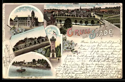 Lithographie Stade, Kaiserl. Postamt, Kgl. Lehrerseminar, Neubourgstrasse und Bahnhofstrasse