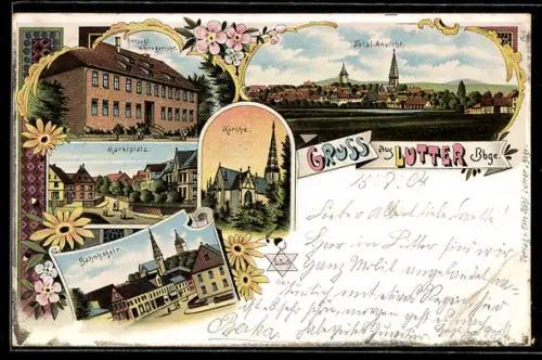 Lithographie Lutter /Bbge., Bahnhofstrasse, Kirche, Amtsgericht, Marktplatz