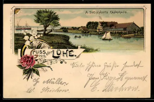 Lithographie Lühe, A. Steinhoffs Fährhaus