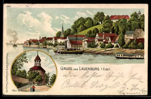 Lithographie Lauenburg / Elbe, Uferpartie mit Schiffen, Blick zum Alten Schlossturm