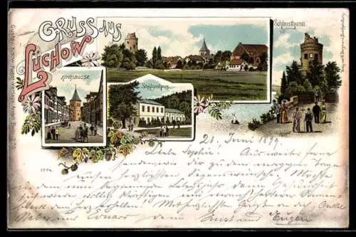 Lithographie Lüchow, Schützenhaus, Schlossturm, Kirchstrasse