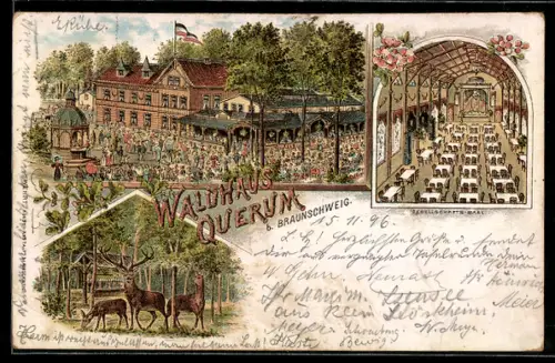 Lithographie Braunschweig, Waldhaus Querum, Hirsche an der Futterkrippe