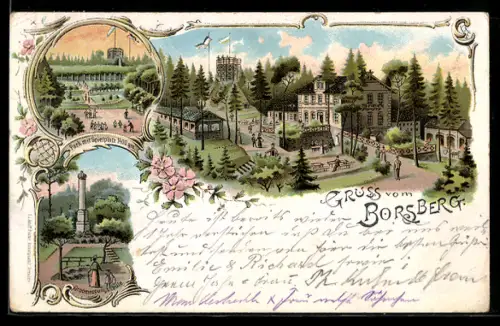 Lithographie Dresden-Rockau, Park mit Spielplatz, Gradmessungssäule, Ortspartie