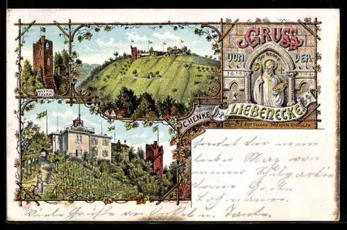 Lithographie Cossebaude, Liebenecke von C. Henke, Wettinturm