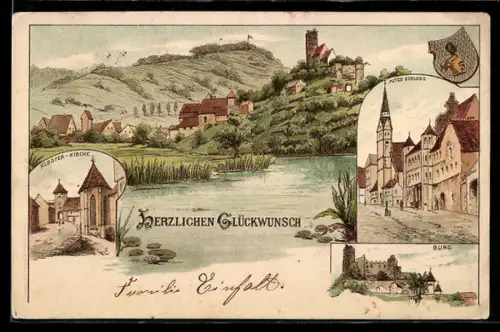 Lithographie Pappenheim, Ortspartie, Kloster-Kirche und altes Schloss