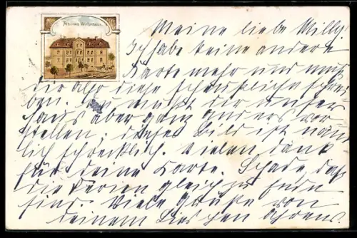 Lithographie Borssum /Emden, Ahrens Wohnhaus in der Aussenansicht