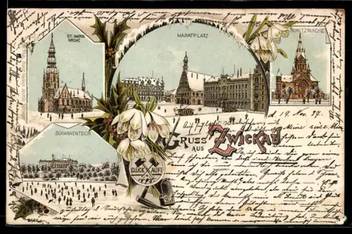 Winter-Lithographie Zwickau, St. Maria KIrche, Marktplatz, Moritzkirche, Schwanenteich