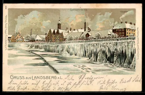 Winter-Lithographie Landsberg a. L., Lechwehr im Eis und Kloster