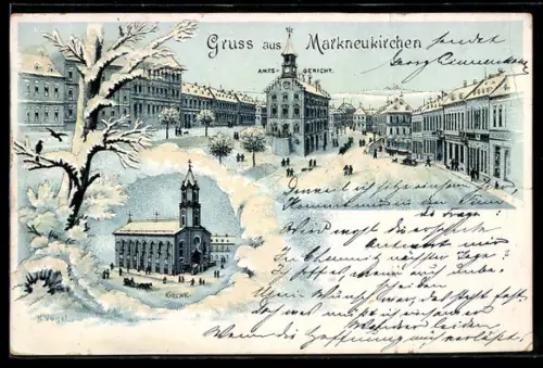 Winter-Lithographie Markneukirchen, Amtsgericht, Kirche, Neujahrsgruss