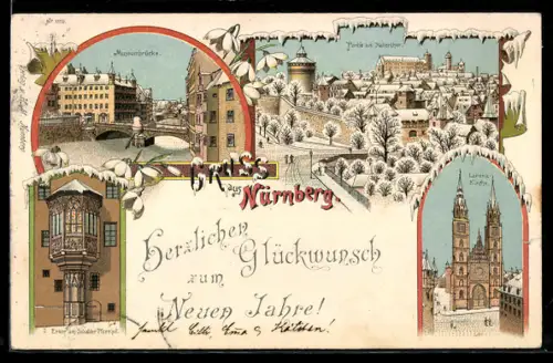 Winter-Lithographie Nürnberg, Museumsbrücke, Erker am Sebalder Pfarrhof, Lorenz Kirche