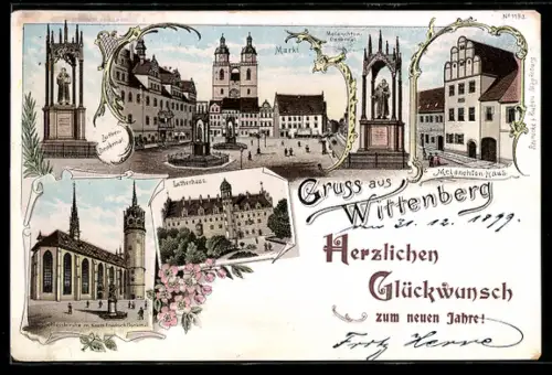 Lithographie Wittenberg, Markt, Denkmäler und Häuser von Melanchton und Luther