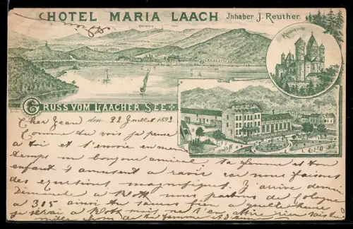 Lithographie Maria Laach, Hotel Maria Laach von J. Reuther am Laacher See