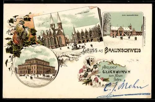 Winter-Lithographie Braunschweig, Theater, Burg Dankwarderode, Altstadt-Markt mit Kirche