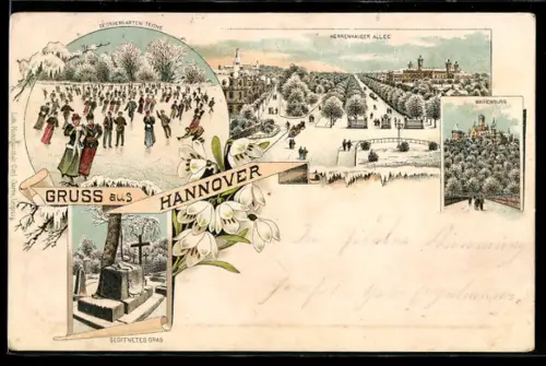 Winter-Lithographie Hannover, Herrenhauser Allee, Schlittschuhläufer im Georgengarten, Geöffnetes Grab