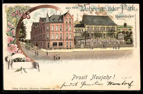 Lithographie Hannover, Gasthaus Vahrenwalder Park und Strassenbahn