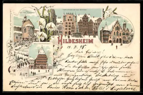 Winter-Lithographie Hildesheim, Templerhaus und Haus Wedekind, Rathaus