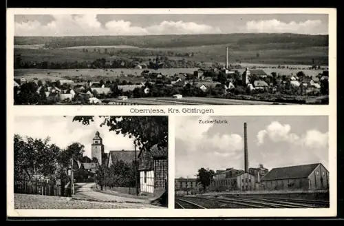 AK Obernjesa, Zuckerfabrik, Strassenpartie mit Blick zur Kirche