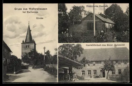 AK Woltershausen, elektrische Zentrale, Kirche und Gastwirtschaft von Heinrich Habenicht