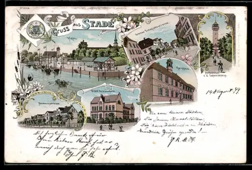 Lithographie Stade, Städt. Volksschule, Hafen, Neubergstrasse, Rathaus, Aussichtsturm, Grosse Schmiedestrasse
