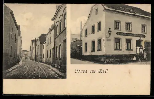 AK Bell, Gasthaus und Metzgerei von Wendelin Bieldt, Strassenpartie mit Wohnhäusern