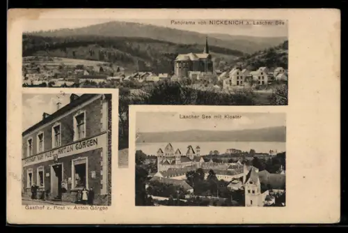 AK Nickenich a. Laacher See, Gasthof zur Post von Anton Görgen, Blick auf den See mit Kloster