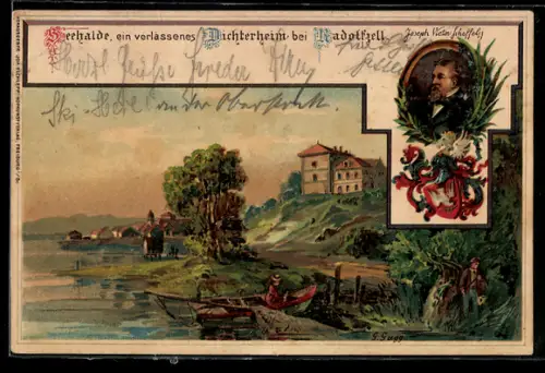Lithographie Radolfzell, Dichterheim Seehaide, Portrait Joseph Victor Scheffels