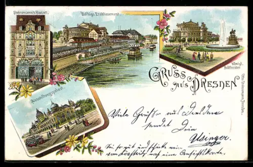 Lithographie Dresden, Helbigs Etablissement, Steinemanns Bazar, Ausstellungspalast