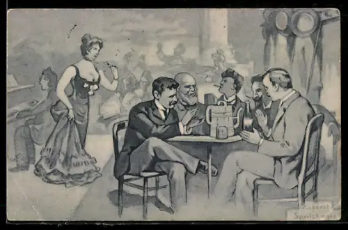 AK Dresden, Cabaret Spritzkann, An der Frauenkirche 20, Gäste und Dame im Kleid