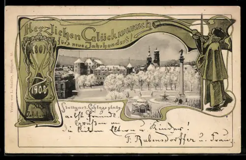 AK Stuttgart, Schlossplatz im Winter, Nachtwächter begrüsst das neue Jahrhundert