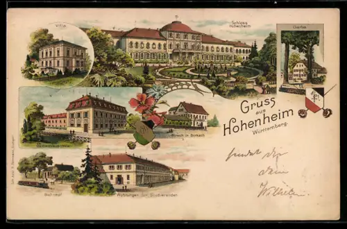 Lithographie Hohenheim /Württemberg, Schloss Hohenheim, Bahnhof, Wohnungen der Studierenden, Gartenbauschule