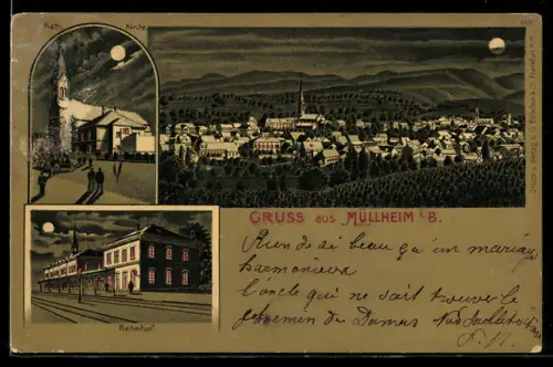 AK Müllheim i. B., Ortsansicht mit Kirche bei Nacht, Kath. Kirche, Bahnhof