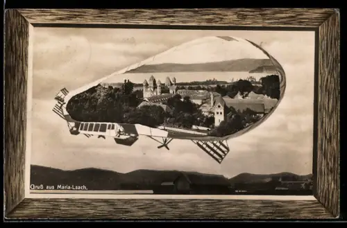 Grusskarten-AK Maria-Laach, Ortsansicht im Zeppelin-Passepartout