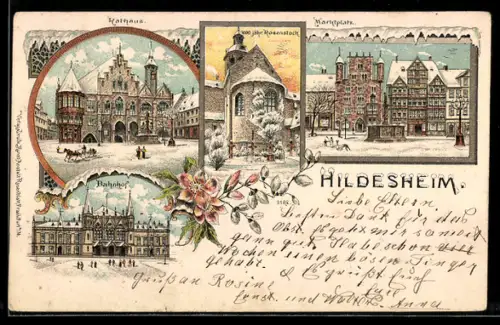 Winter-Lithographie Hildesheim, Rathaus, Bahnhof, Rosenstock und Marktplatz