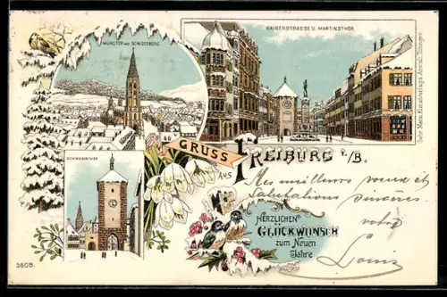 Winter-Lithographie Freiburg i. B., Neujahrsgruss - Münster mit Schlossberg, Kaiserstrasse und Martinsthor