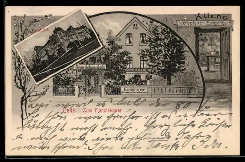 Lithographie Celle, Restauration Franziskanerbräu, Schloss, Küche-Verbotener Eingang