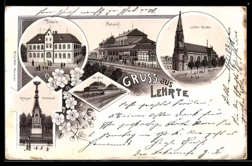 Lithographie Lehrte, Bahnhof, Schule, Luther-Kirche