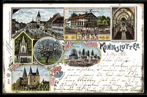 Lithographie Königslutter, Inneres der Stiftskirche, Zollplatz am Braunschweigertor, Marktplatz, Tetzel-Denkmal