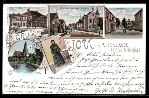 Lithographie Jork im Altenland, Hotel Altländer Hof, Hauptstrasse, Marktplatz