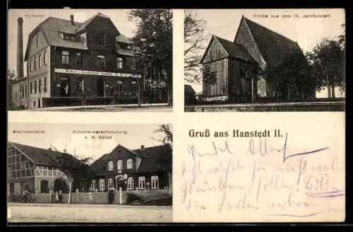 AK Hanstedt II, Molkerei, Kirche aus dem 14. Jahrhundert, Stellmacherei, Kolonialwarenhandlung v. H. Bätke