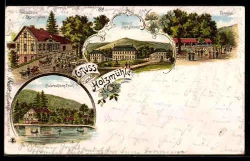 Lithographie Eldagsen, Restaurant Holzmühle, Veranda, Kaiserliches Jagdschloss, Holzmühle mit Teich