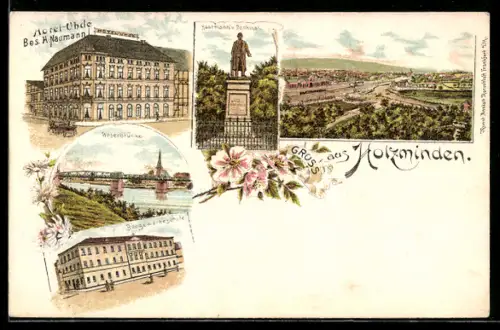 Lithographie Holzminden, Hotel Uhde, Baugewerbeschule, Haarmann`s Denkmal