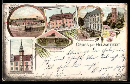 Lithographie Helmstedt, Bahnhof mit Eisenbahn, Stadthaus, Universitätsgebäude, Kriegerdenkmal, Harbker Ruine