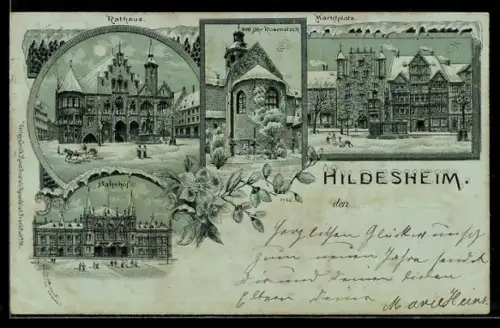 Winter-Lithographie Hildesheim, Rathaus, Marktplatz, Bahnhof, 1000-jähr. Rosenstock