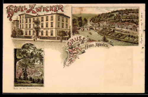 Lithographie Hann. Münden, Hotel Zwicker, Partie bei den Octobereichen, Ortsansicht am Fluss