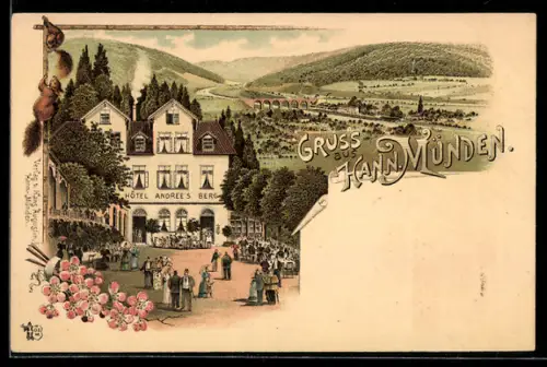 Lithographie Hann Münden, Hotel Andree`s Berg, Blick ins Tal mit grosser Steinbrücke