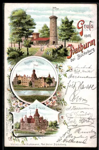 Lithographie Bückeburg, Residenzschloss, Neues Palais, Idathurm