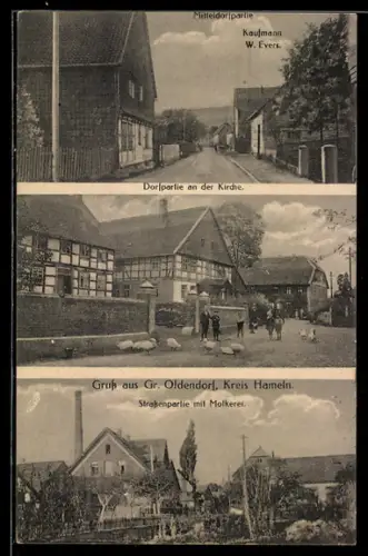 AK Gross Oldendorf, Strassenpartie mit Haus Kaufmann W. Evers, Dorfpartie an der Kirche, Molkerei