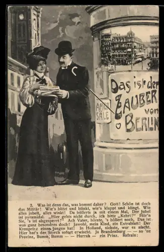 Grusskarten-AK Berlin, Paar mit Zeitung vor dem Roten Rathaus, Litfasssäule, Königstrasse