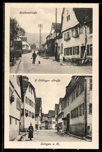 AK Eningen u. A., Grabenstrasse und Jäger mit Hund, U. Eitlinger Strasse mit Anwohnern