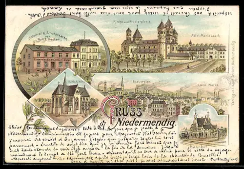 Lithographie Niedermendig, Kolonialwarengeschäft von Gottf. Decker, Abtei Maria Laach, Lava-Werke